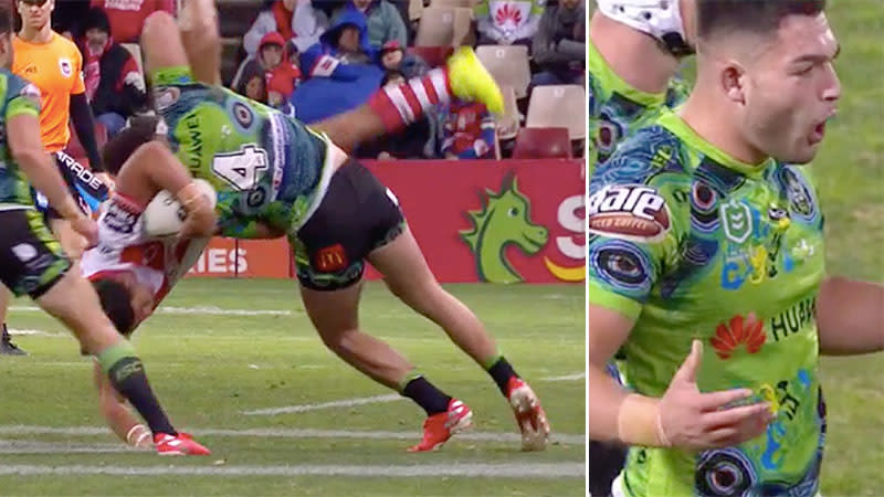 Nick Cotric couldn't believe he was sent off for this dangerous tackle. Pic: Fox Sports