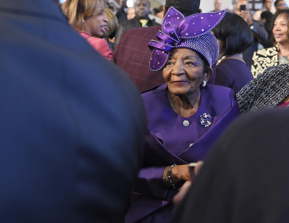 FILE - Christine King Farris stands after the Martin Luther King, Jr. Annual Commemorative Service, Jan. 21, 2019, in Atlanta. Farris, the last living sibling of the Rev. Martin Luther King Jr., has died Thursday, June 29, 2023, according to her niece, the Rev. Bernice King. (Annie Rice/Atlanta Journal-Constitution via AP, File)