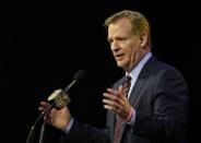 Feb 5, 2016; San Francisco, CA, USA; NFL commissioner Roger Goodell speaks during a press conference at Moscone Center in advance of Super Bowl 50 between the Carolina Panthers and the Denver Broncos. Matthew Emmons-USA TODAY Sports -