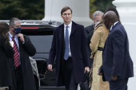 President Donald Trump's White House Senior Adviser Jared Kushner walks to a motorcade vehicle outside the White House, Monday, Oct. 26, 2020, in Washington, before departing with Trump for campaign events in Pennsylvania. (AP Photo/Patrick Semansky)