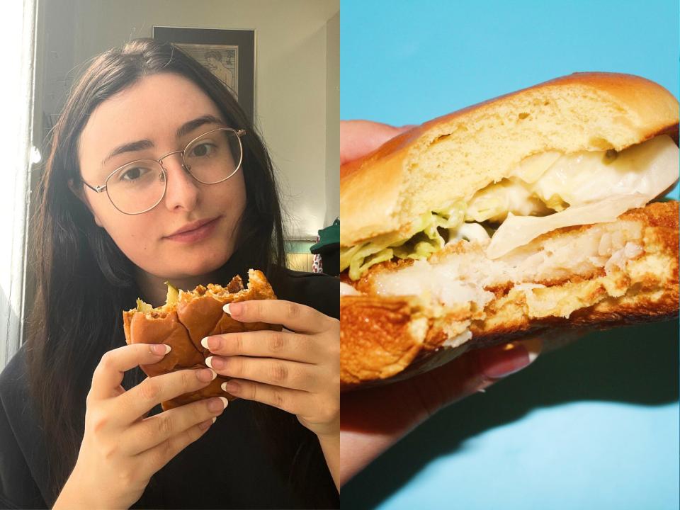 the author holding a fish dandwich and a close up of a fish sandwich