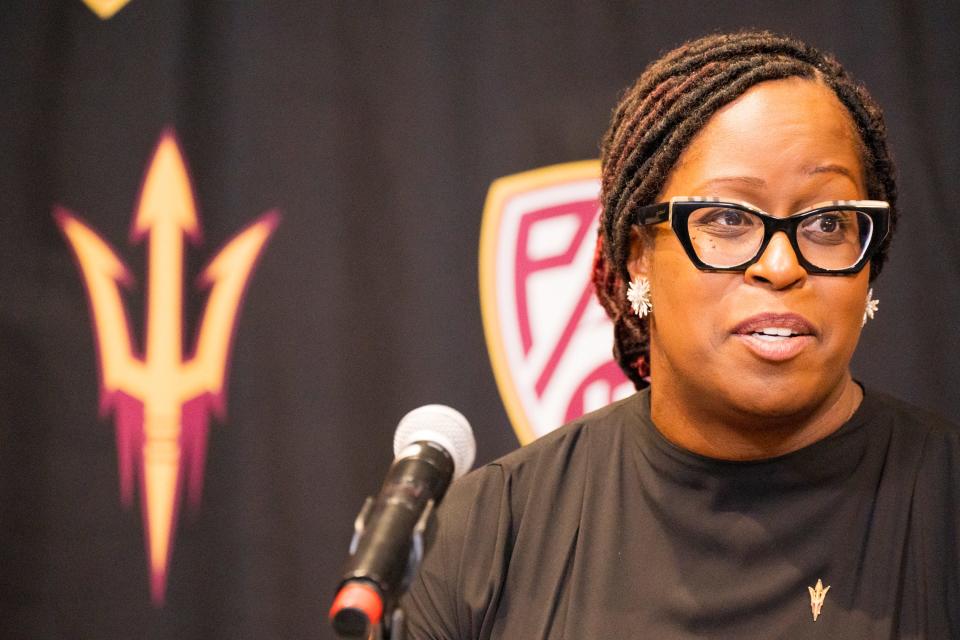 ASU's new head women's basketball coach, Natasha Adair speaks at her introductory press conference in the Carson Student Athletic Center on March 28, 2022, on ASU's campus in Tempe, AZ.