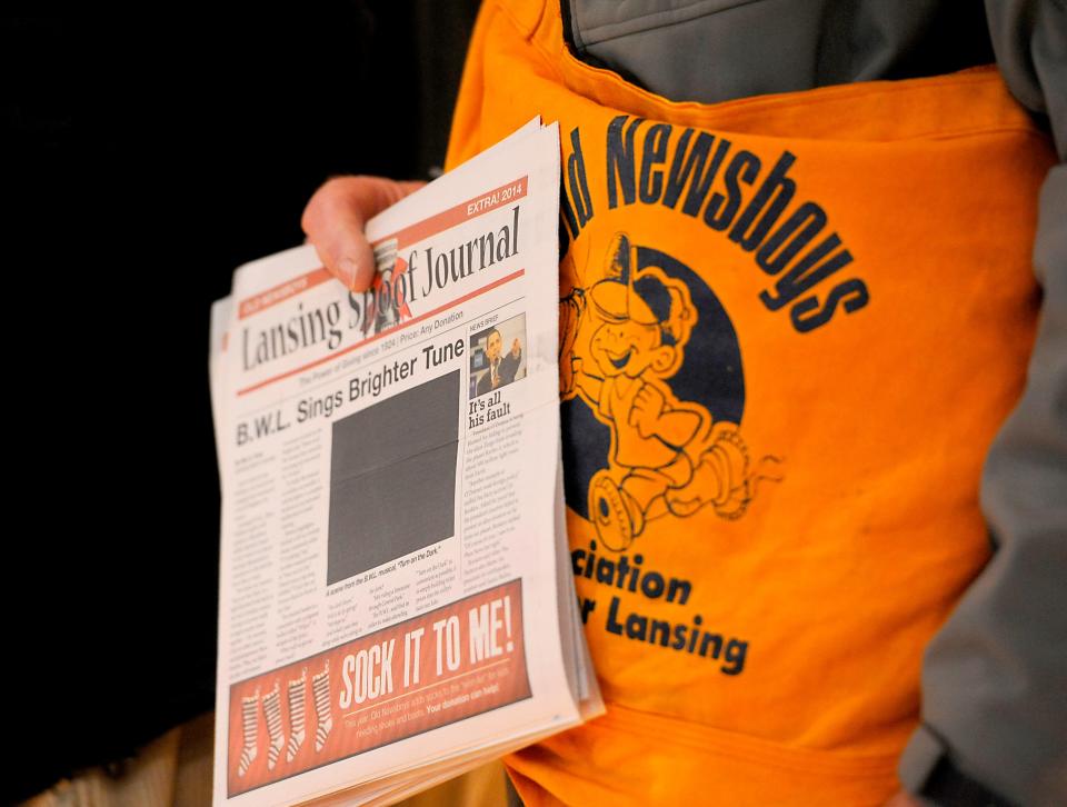 The Old Newsboys Association of Greater Lansing will hawk the Lansing Spoof Journal on Dec. 7. Donations go toward providing shoes, boots and socks to schoolchildren in need.