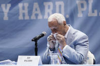 North Carolina Head Basketball Coach Roy Williams speaks with members of the media during a news conference, Thursday, April 1, 2021, in Chapel Hill, N.C. Williams is retiring after 33 seasons and 903 wins as a college basketball head coach. The Hall of Fame coach led the University of North Carolina to three NCAA championships in 18 seasons as head coach of the Tar Heels. (AP Photo/Gerry Broome)