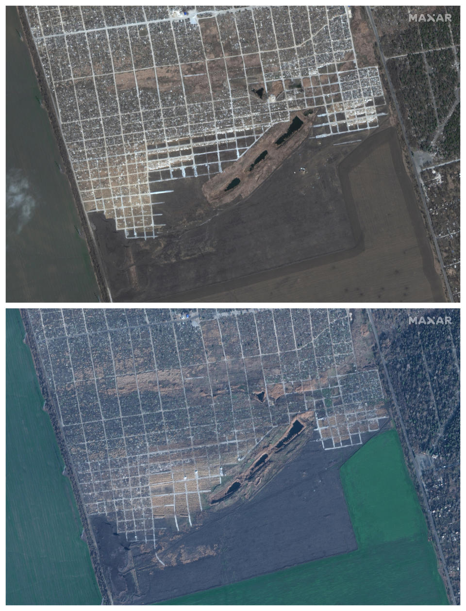 FILE - This combination of satellite images provided by Maxar Technologies shows the Staryi Krym cemetery in Mariupol, Ukraine, on March 29, 2022, top, and additional graves seen on Nov. 30, 2022. (Maxar Technologies via AP, File)