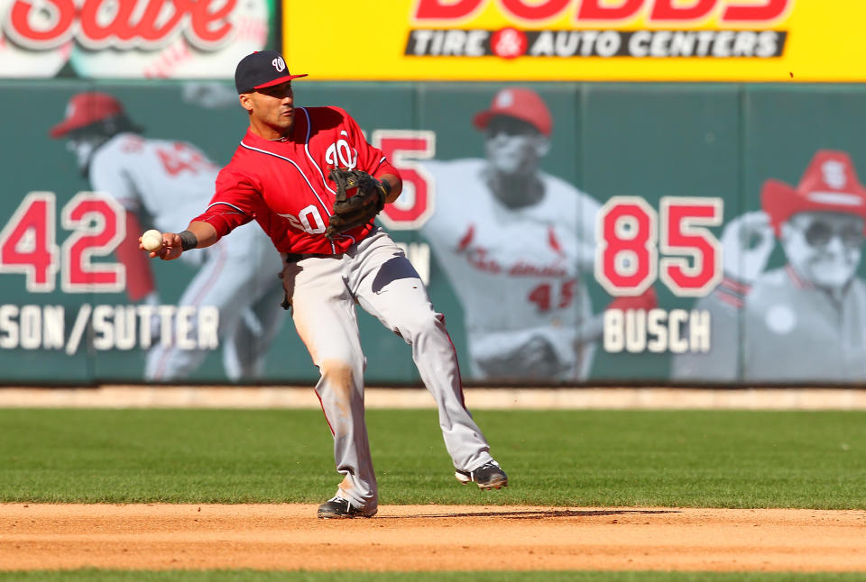 Ian Desmond #20 of the Washington Nationals throws to second for a double play in the fourth inning against the St Louis Cardinals during Game One of the National League Division Series at Busch Stadium on October 7, 2012 in St Louis, Missouri. (Photo by Dilip Vishwanat/Getty Images)