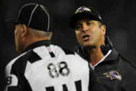 BALTIMORE, MD - SEPTEMBER 23: Head coach John Harbaugh of the Baltimore Ravens argues a call with a replacement referee in the fourth quarter against the New England Patriots at M&T Bank Stadium on September 23, 2012 in Baltimore, Maryland. The Baltimore Ravens won, 31-30. (Photo by Patrick Smith/Getty Images)