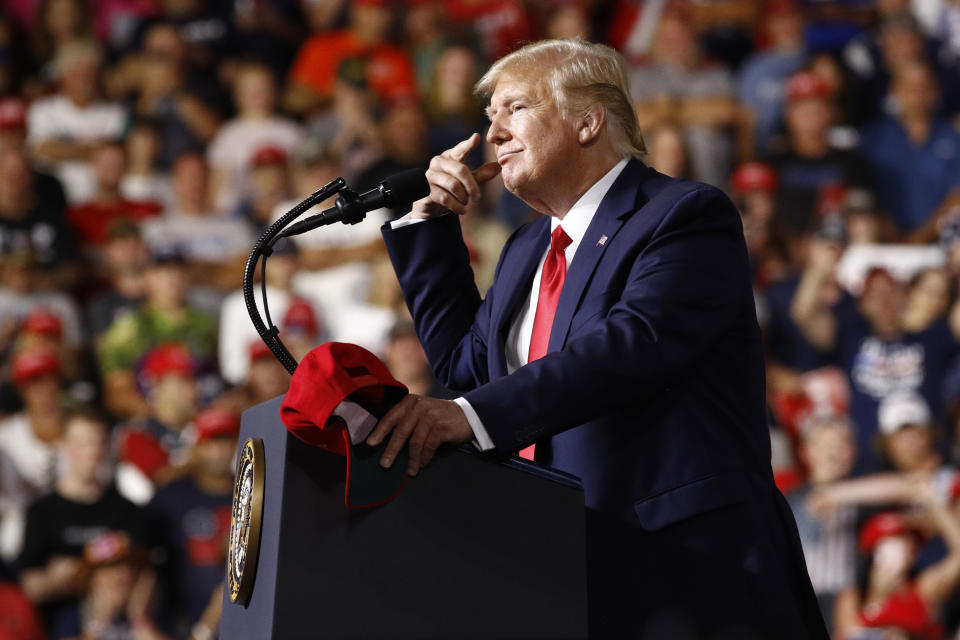 President Donald Trump speaks at a campaign rally, Thursday, Aug. 15, 2019, in Manchester, N.H. (AP Photo/Patrick Semansky)