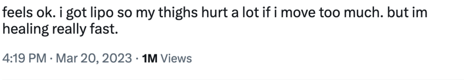 ‘Feels ok. I got lipo so my thighs hurt a lot if I move too much. But I’m healing really fast,’ singer wrote (Twitter / @DojaCat)