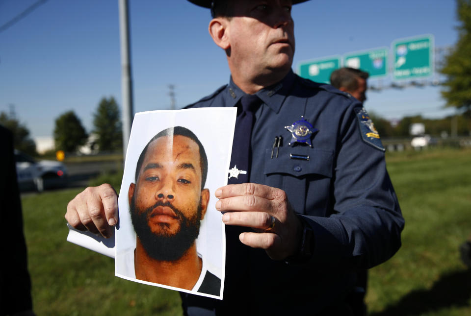 <p>Harford County Sheriff Jeffrey Gahler displays a photo of Radee Labeeb Prince, the suspect in a shooting at a business park in the Edgewood area of Harford County, Md., Wednesday, Oct. 18, 2017. (Photo: Patrick Semansky/AP) </p>