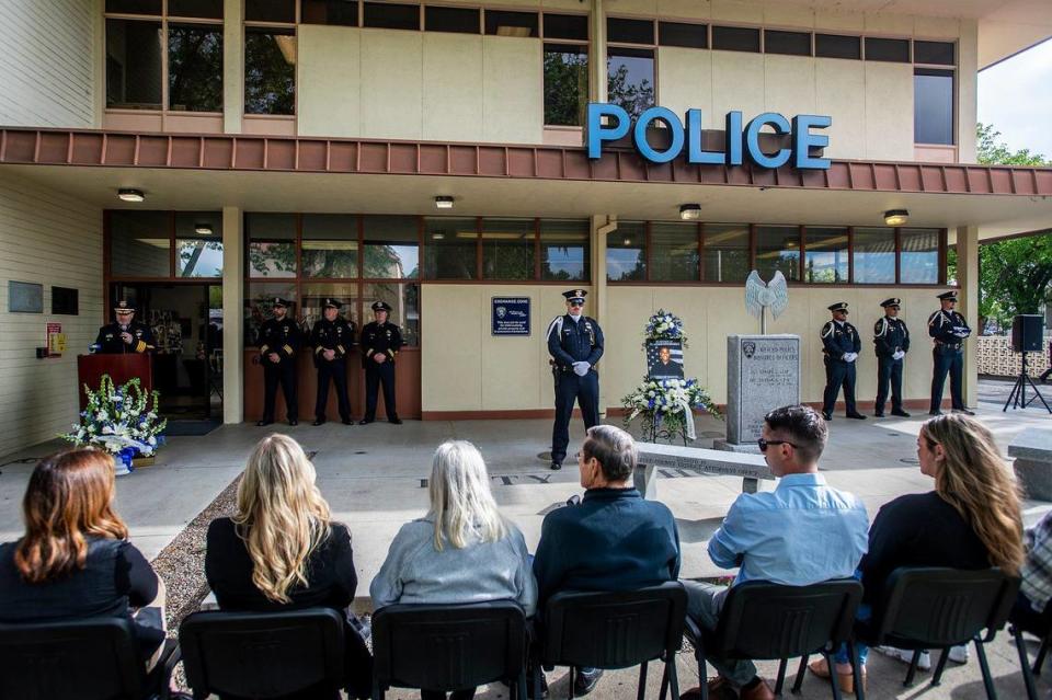 An annual ceremony is held to honor fallen Merced Police officer Stephan Gray at the Merced Police Station in Merced, Calif., on Monday, April 15, 2024. Gray was shot and killed in the line of duty on April 15, 2004.