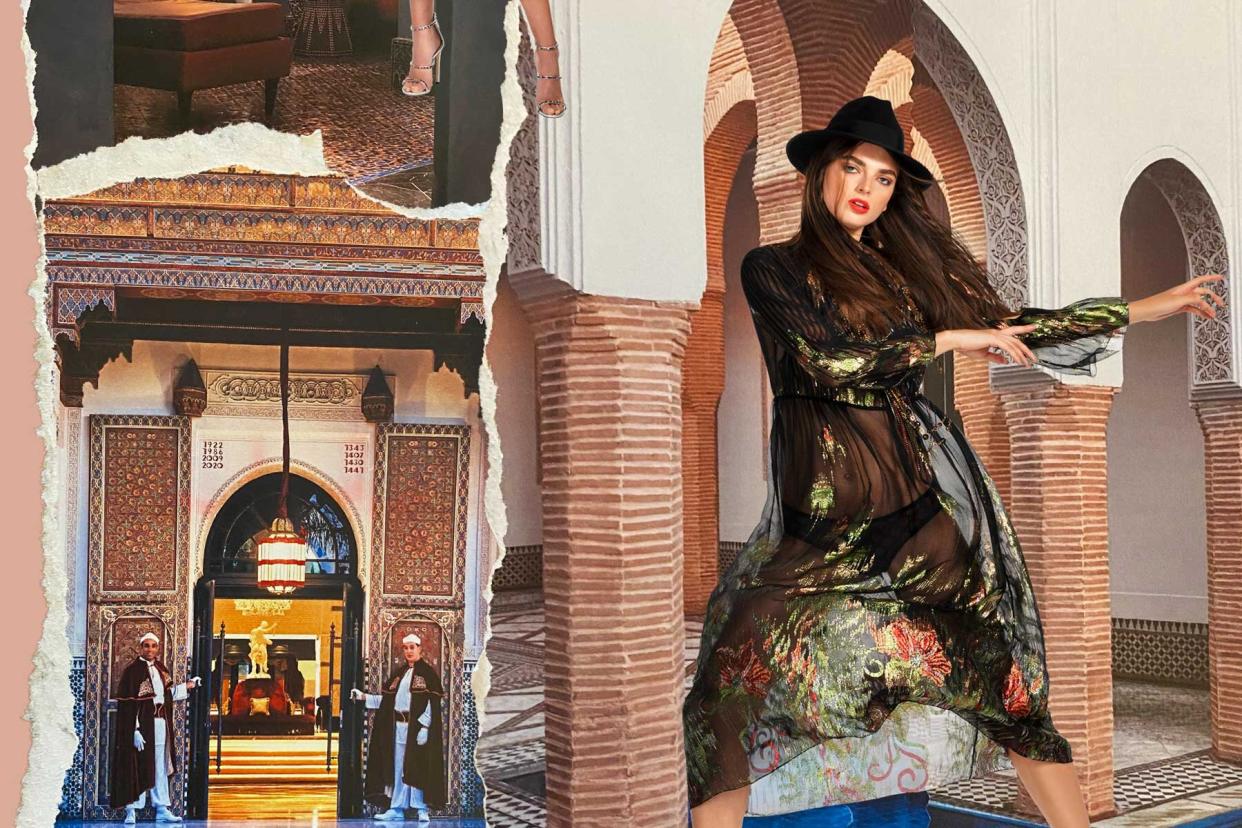 A model wears a sheer coverup and a black hat superimposed over photos of La Mamounia Hotel