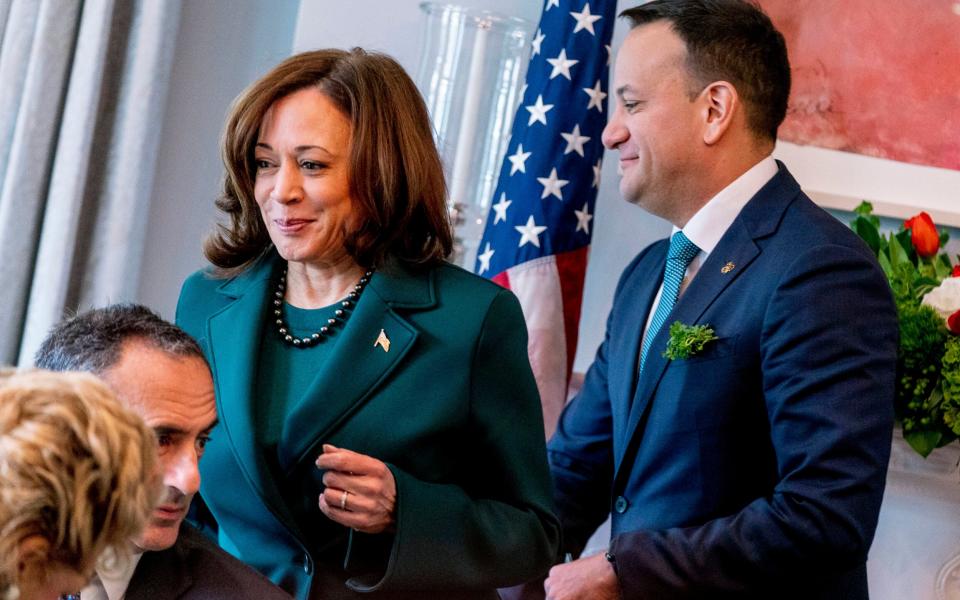 Ireland's Taoiseach Leo Varadkar, right, and Vice President Kamala Harris, left, attend a St. Patrick's Day Breakfast at the Vice President's residence in Washington - Andrew Harnik/AP