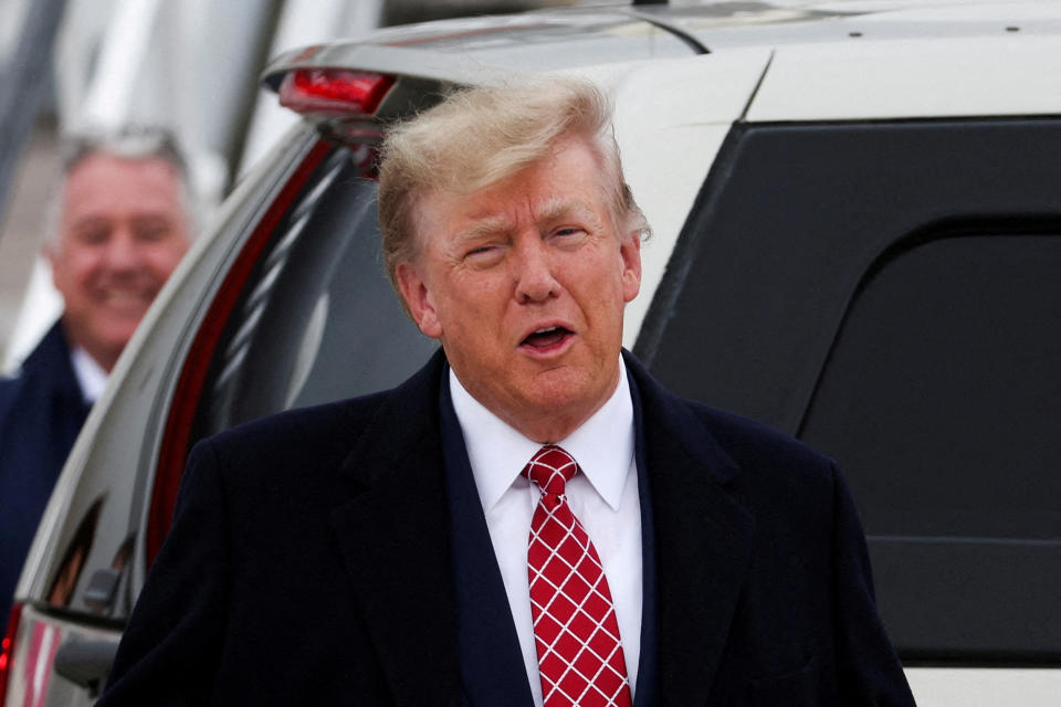 Donald Trump reacts after arriving at Aberdeen International Airport in Aberdeen, Scotland, Britain May 1, 2023. REUTERS/Russell Cheyne