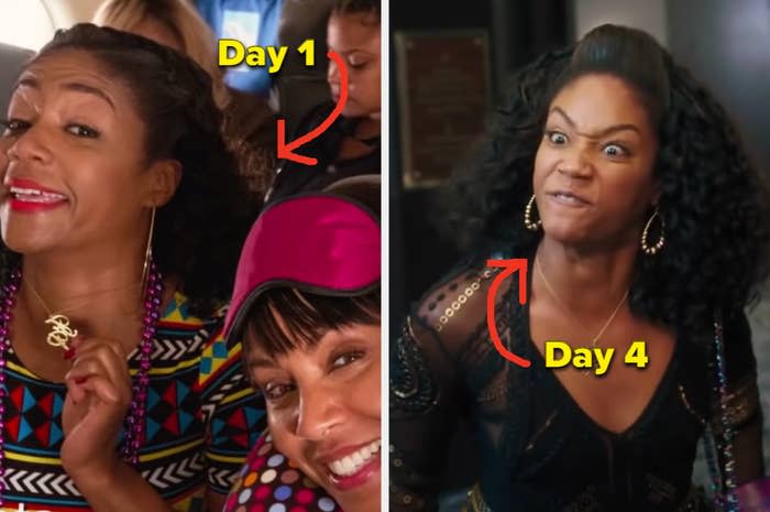 On the left are two characters from movie 'Girls Trip' smiling while taking a selfie with the caption "Day 1" and on the right is an angry picture of Tiffany Haddish with the caption "Day 4"