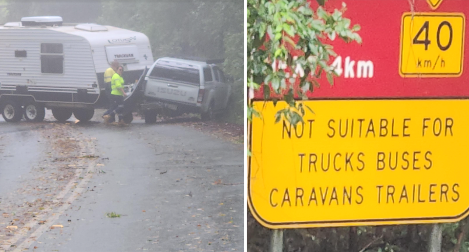 Left: A caravan driver and 4WD is blocking Mount Glorious Road after a towing mishap. Right: A sign on the same road warning drivers it is not suitable for trucks, buses, caravans, trailers.