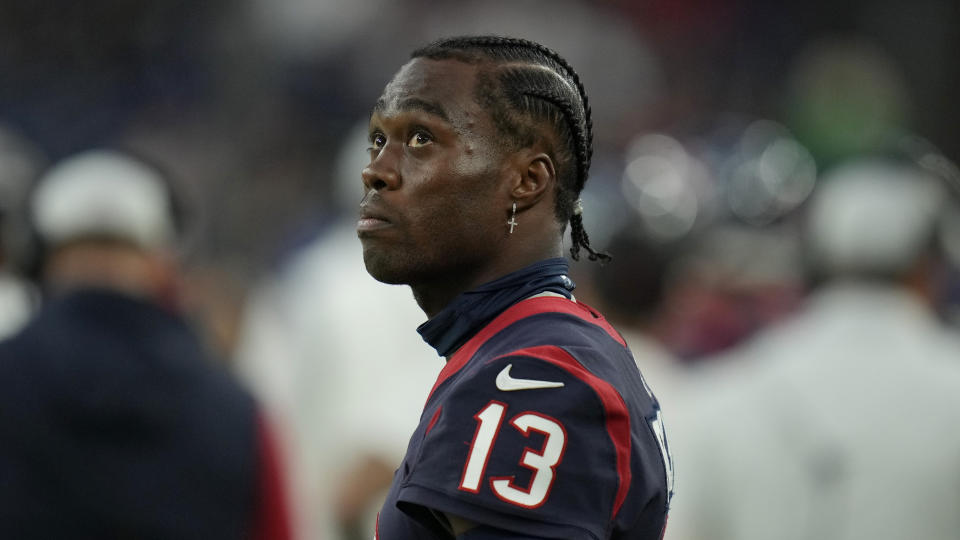 Houston Texans wide receiver Brandin Cooks (13) on the sidelines during the first half of an NFL preseason football game against the New Orleans Saints Saturday, Aug. 13, 2022, in Houston. (AP Photo/Eric Christian Smith)