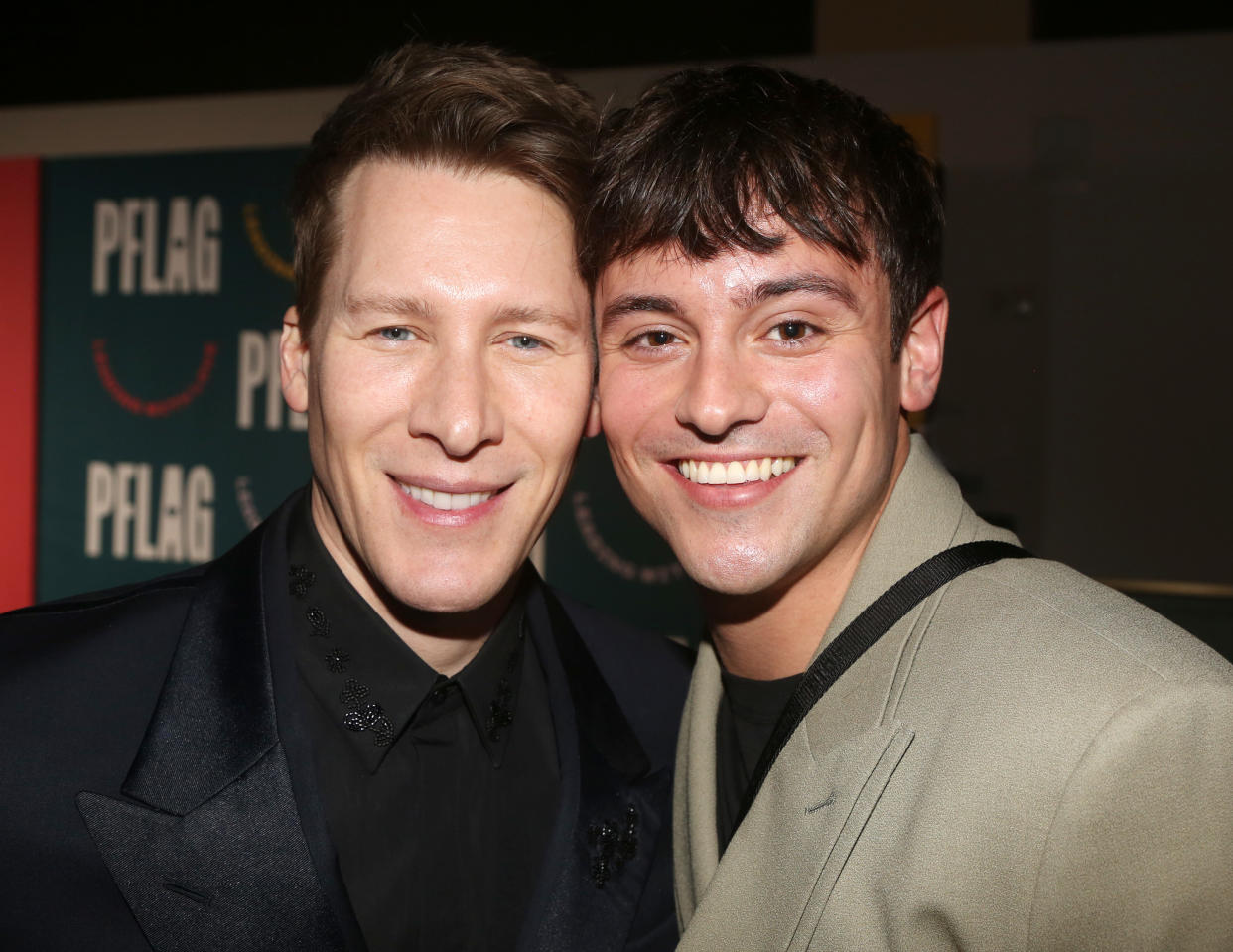 NEW YORK, NEW YORK - MARCH 03: Dustin Lance Black (L) and Tom Daley pose at the PFLAG 50th Anniversary Gala at The New York Marriott Marquis on March 3, 2023 in New York City. (Photo by Bruce Glikas/WireImage)