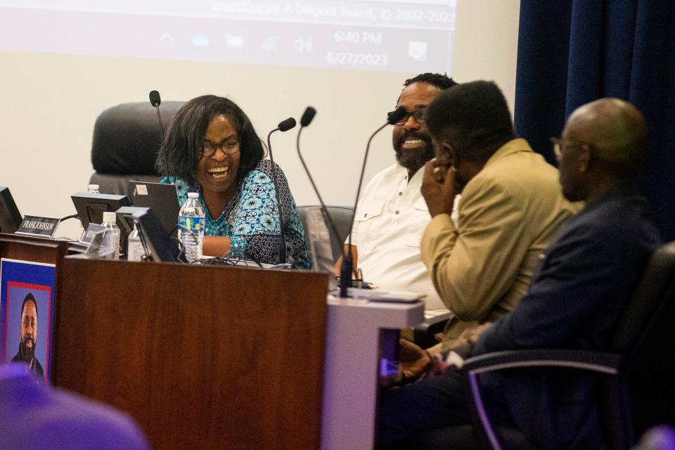 Memphis-Shelby County Schools school board member Joyce Coleman smiles after she was selected as the new vice chair during the MSCS school board meeting in Memphis, Tenn., on Tuesday, June 27, 2023. 