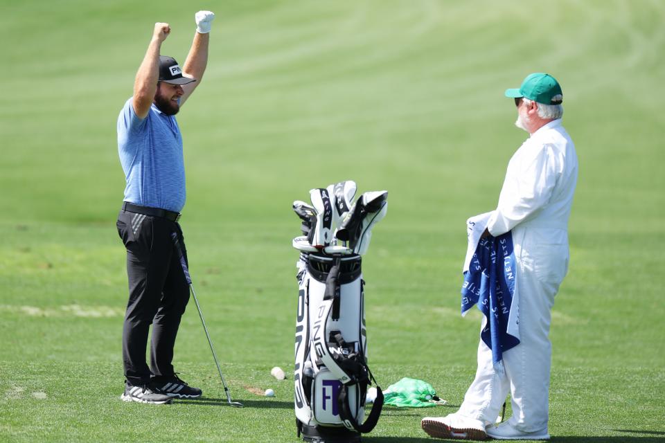 Tyrrell Hatton reacts on the practice range during the Monday practice round at the 2023 Masters