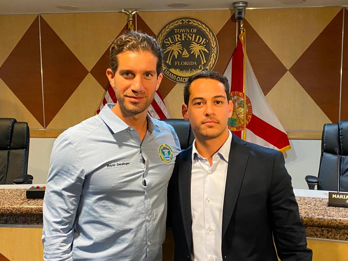 Surfside Mayor Shomo Danzinger, left, poses with Martin Langesfeld after a meeting with the developers of the Champlain Towers South site on Sept. 19, 2022. Langesfeld’s sister and brother-in-law died in the June 2021 collapse.