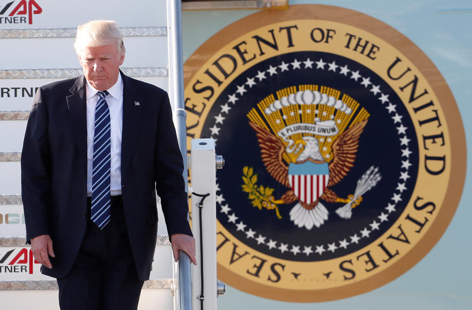 U.S. President Donald Trump arrives at the Leonardo da Vinci-Fiumicino Airport in Rome, Italy, May 23, 2017. REUTERS/Remo Casilli