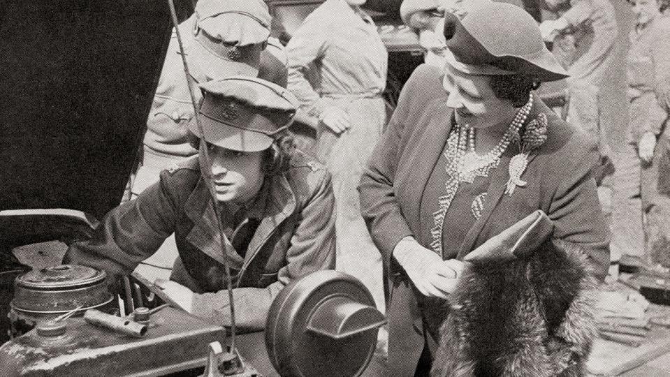 Princess Elizabeth in the A.T.S., seen here with her mother Queen Elizabeth in 1945. Princess Elizabeth of York, future Elizabeth II, born 1926. Queen of the United Kingdom. Queen Elizabeth, The Queen Mother. Elizabeth Angela Marguerite Bowes-Lyon, 1900 - 2002. Wife of King George VI and mother of Queen Elizabeth II.