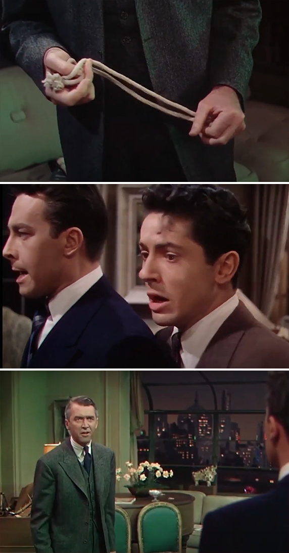 Scene from the movie "Rope" showing close-ups of characters played by John Dall, Farley Granger, and James Stewart during a tense moment