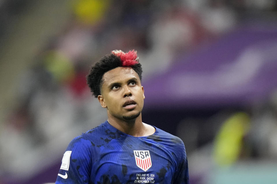 Weston McKennie of the United States looks up during the World Cup group B soccer match between England and The United States, at the Al Bayt Stadium in Al Khor , Qatar, Friday, Nov. 25, 2022. (AP Photo/Luca Bruno)