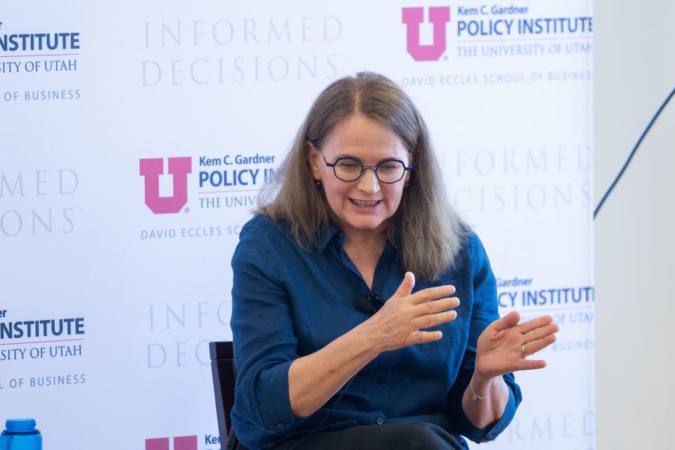 Sarah Wright, executive director of Utah Clean Energy, speaks during the Kem C. Gardner Policy Institute Newsmaker Breakfast in which the Salt Lake City-Utah Committee for the Games provided an update at the Thomas S. Monson Center in Salt Lake City on Thursday, April 27, 2023. | Ryan Sun, Deseret News