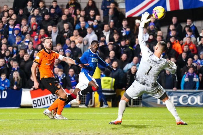 Rangers’ Fashion Sakala (centre) opens the scoring against Dundee United (Jane Barlow/PA) (PA Wire)