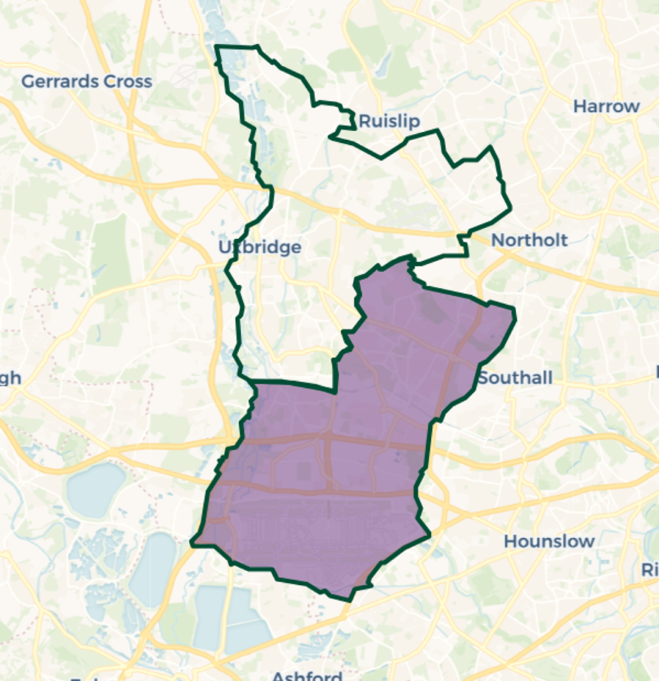 Hayes and Harlington constituency map: Purple shaded area: current constituency boundary. Green outlines new constituency boundaries (© OpenStreetMap contributors | © CARTO)