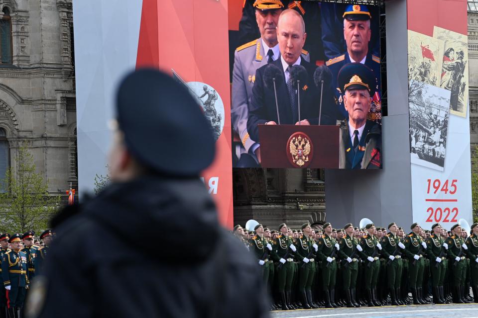 Russian President Vladimir Putin gives a speech in Red Square.