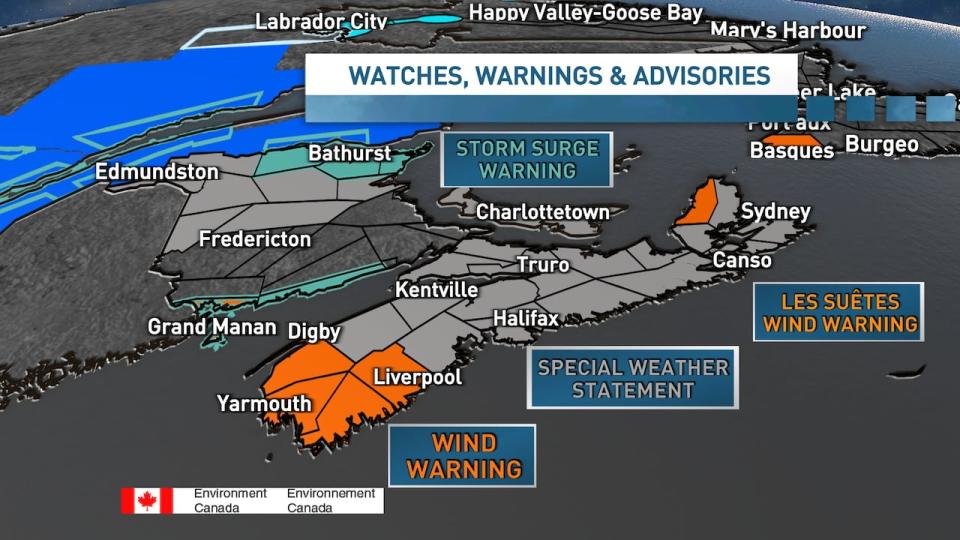 A storm surge warning is in place for much of coastal New Brunswick.