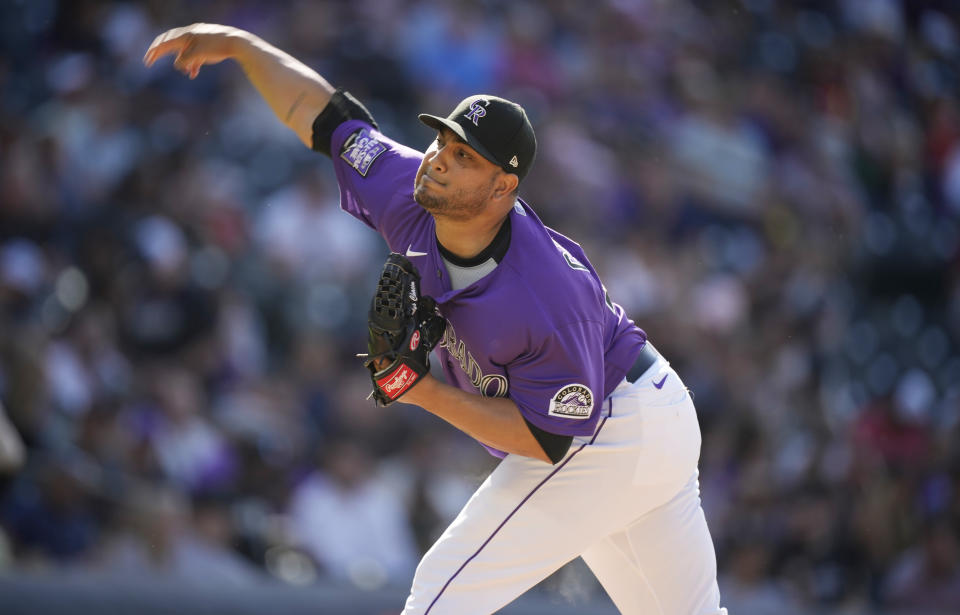 Colorado Rockies relief pitcher Jhoulys Chacin works against the Pittsburgh Pirates in the seventh inning of a baseball game Monday, June 28, 2021, in Denver. (AP Photo/David Zalubowski)