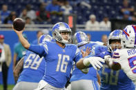 Detroit Lions quarterback Jared Goff throws during the first half of a preseason NFL football game against the Buffalo Bills, Friday, Aug. 13, 2021, in Detroit. (AP Photo/Carlos Osorio)