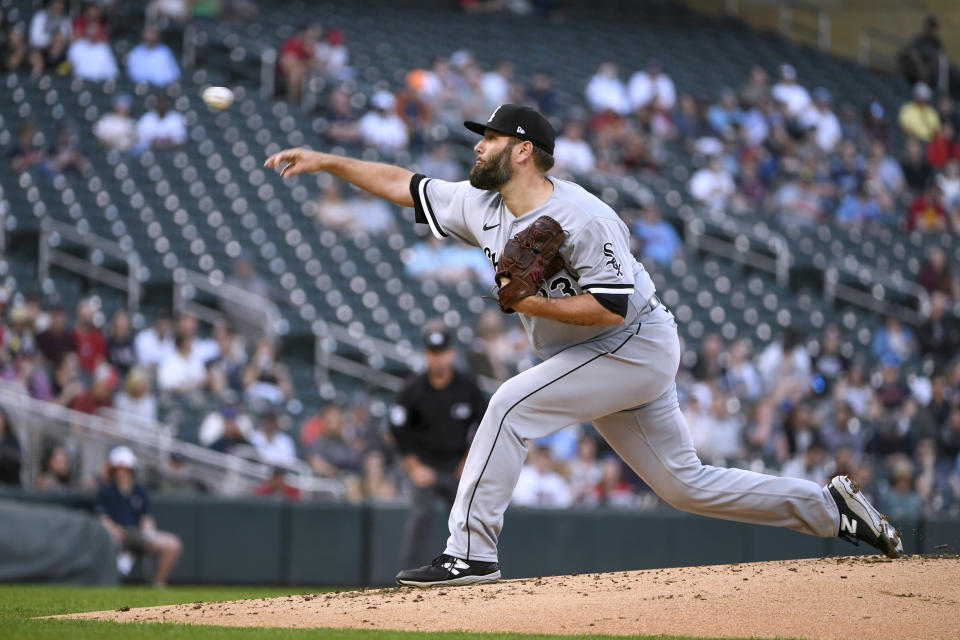 Chicago White Sox pitcher Lance Lynn throws to a Minnesota Twins batter during the first inning of a baseball game Tuesday, April 11, 2023, in Minneapolis. (AP Photo/Craig Lassig)