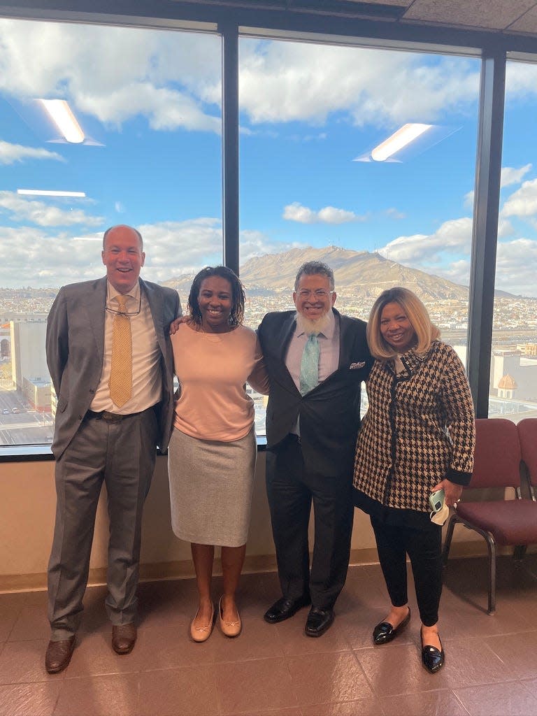 Clevy Muchette Nelson-Royster, second to left, poses for a photo with her attorneys Brock Benjamin and Louis Lopez, and her mother, Senobia Nelson, after being found not guilty of murder Monday, Feb. 29, 2024, at the Enrique Moreno County Courthouse in Downtown El Paso.