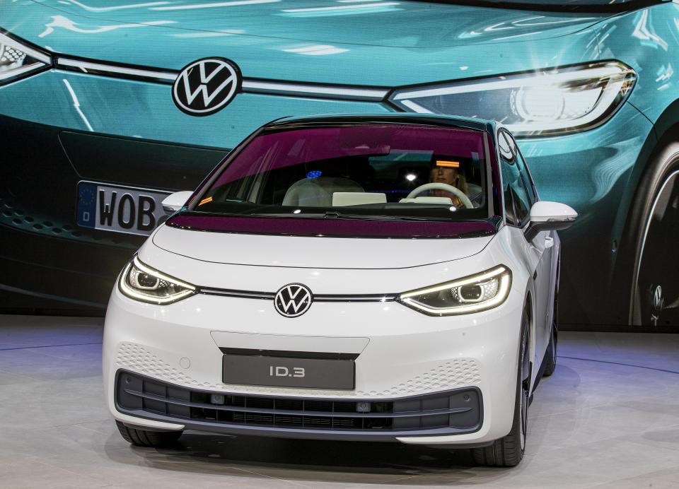 The new Volkswagen ID.3 is displayed at the IAA Auto Show in Frankfurt, Germany, Monday, Sept. 9, 2019. (AP Photo/Michael Probst)