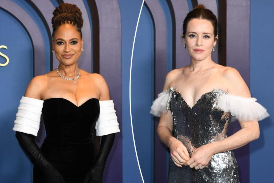 BAFTA-winning director Ava DuVernay (left) dons Louis Vuitton, while queen of “The Crown” Claire Foy (right) wears Rodarte at the 2024 Governors Awards in January. Images: Getty