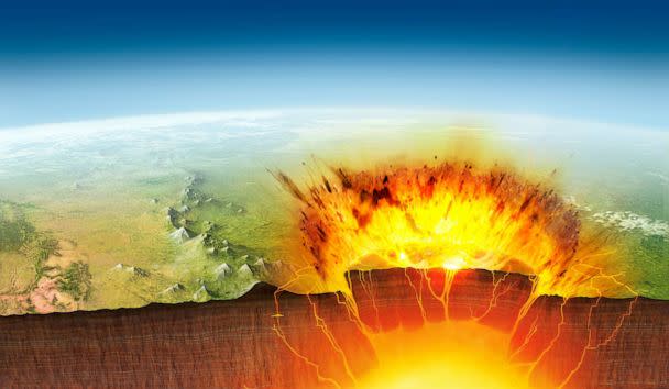 PHOTO: Yellowstone eruption, illustration. Yellowstone National Park is sited above an underground magma chamber.  (/Science Photo Libra)