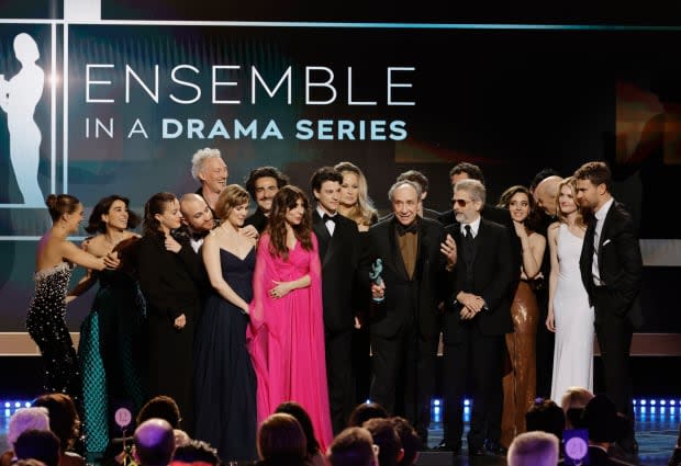 Cast members of "The White Lotus" accept the Outstanding Performance by an Ensemble in a Drama Series award onstage during the 29th Annual Screen Actors Guild Awards at Fairmont Century Plaza on Feb. 26, 2023, in Los Angeles.<p><a href="https://www.gettyimages.com/detail/1469870732" rel="nofollow noopener" target="_blank" data-ylk="slk:Kevin Winter/Getty Images;elm:context_link;itc:0;sec:content-canvas" class="link ">Kevin Winter/Getty Images</a></p>