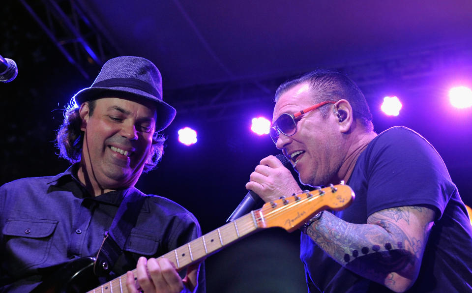 Guitarist Sam Eigen and singer Steve Harwell of Smash Mouth perform at The Park at The Grove on July 20, 2016 in Los Angeles, California.  (Photo by Michael Tullberg/Getty Images)