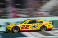 Joey Logano (22) drives during NASCAR Cup Series practice at Homestead-Miami Speedway, Saturday, Oct. 22, 2022, in Homestead, Fla. (AP Photo/Lynne Sladky)