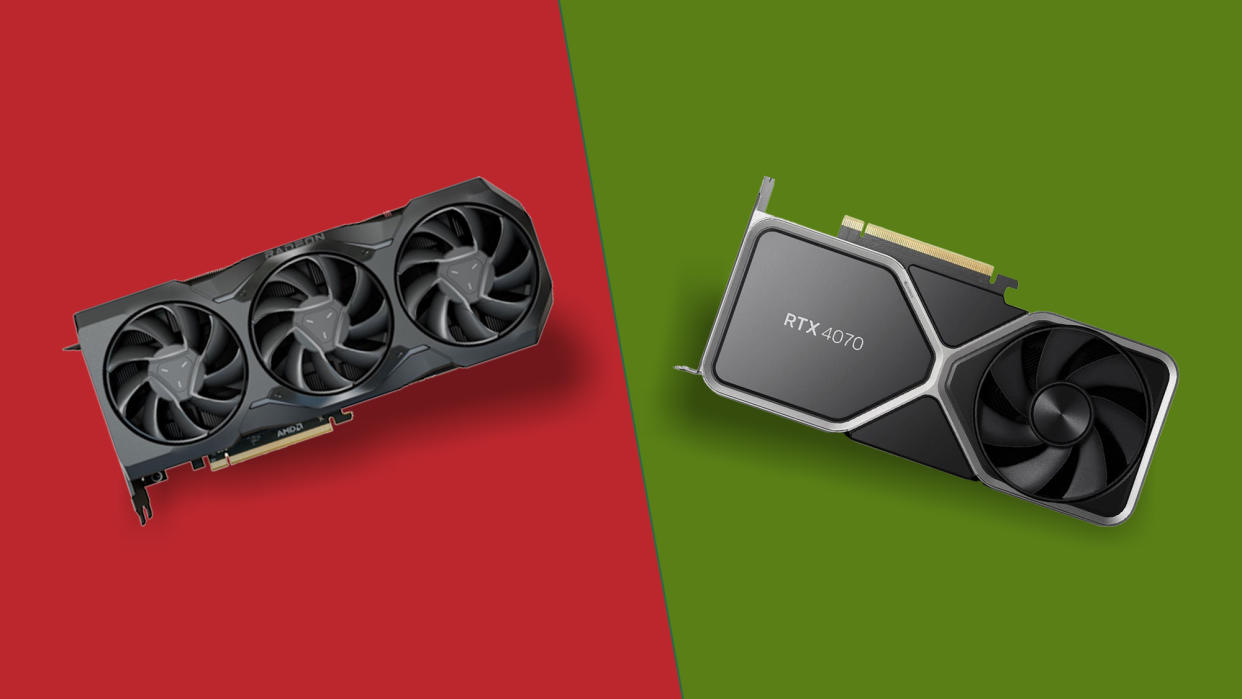  An RX 7900 GRE vs RTX 4070 against a two-tone techradar background. 