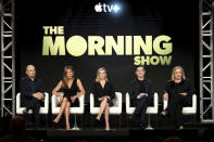 Michael Ellenberg, from left, Jennifer Aniston, Reese Witherspoon, Billy Crudup and Mimi Leder speak at "The Morning Show," panel during the Apple+ TCA 2020 Winter Press Tour at the Langham Huntington, Sunday, Jan. 19, 2020, in Pasadena, Calif. (Photo by Willy Sanjuan/Invision/AP)