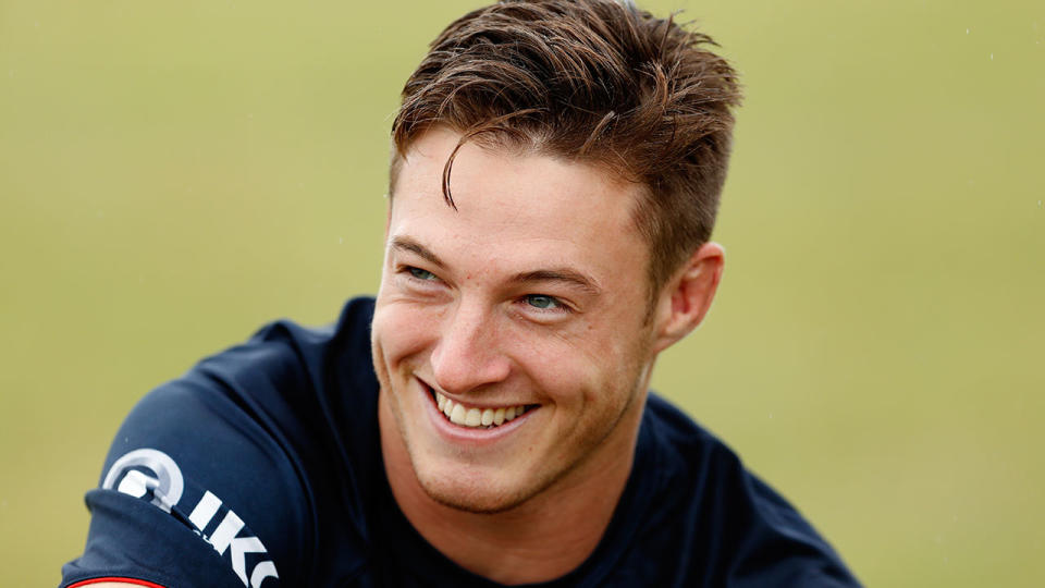 Roosters hooker Sam Verrills is seen here laughing at training.