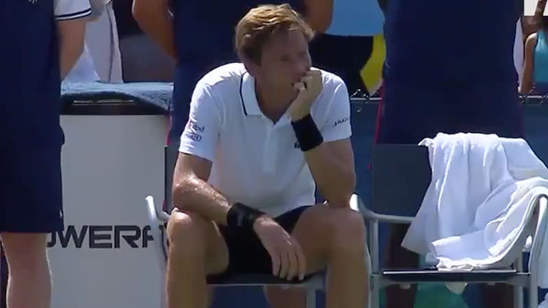 Nicolas Mahut was sitting on his chair contemplating his future. Pic: Tennis Channel