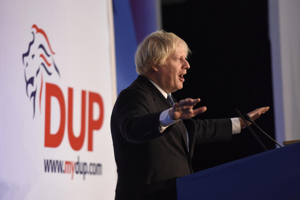 Boris Johnson speaking during the DUP annual conference at the Crown Plaza Hotel in Belfast.