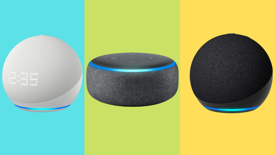 white Echo dot with time, Amazon Echo, and black Echo dot